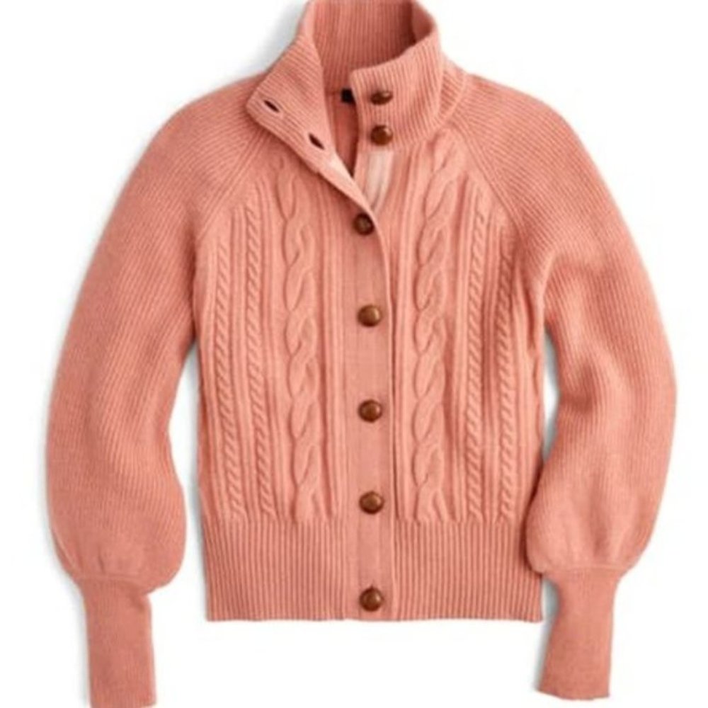 J.Crew S Salmon Cardigan Cable Knit Faux Leather Buttons Lambs Wool